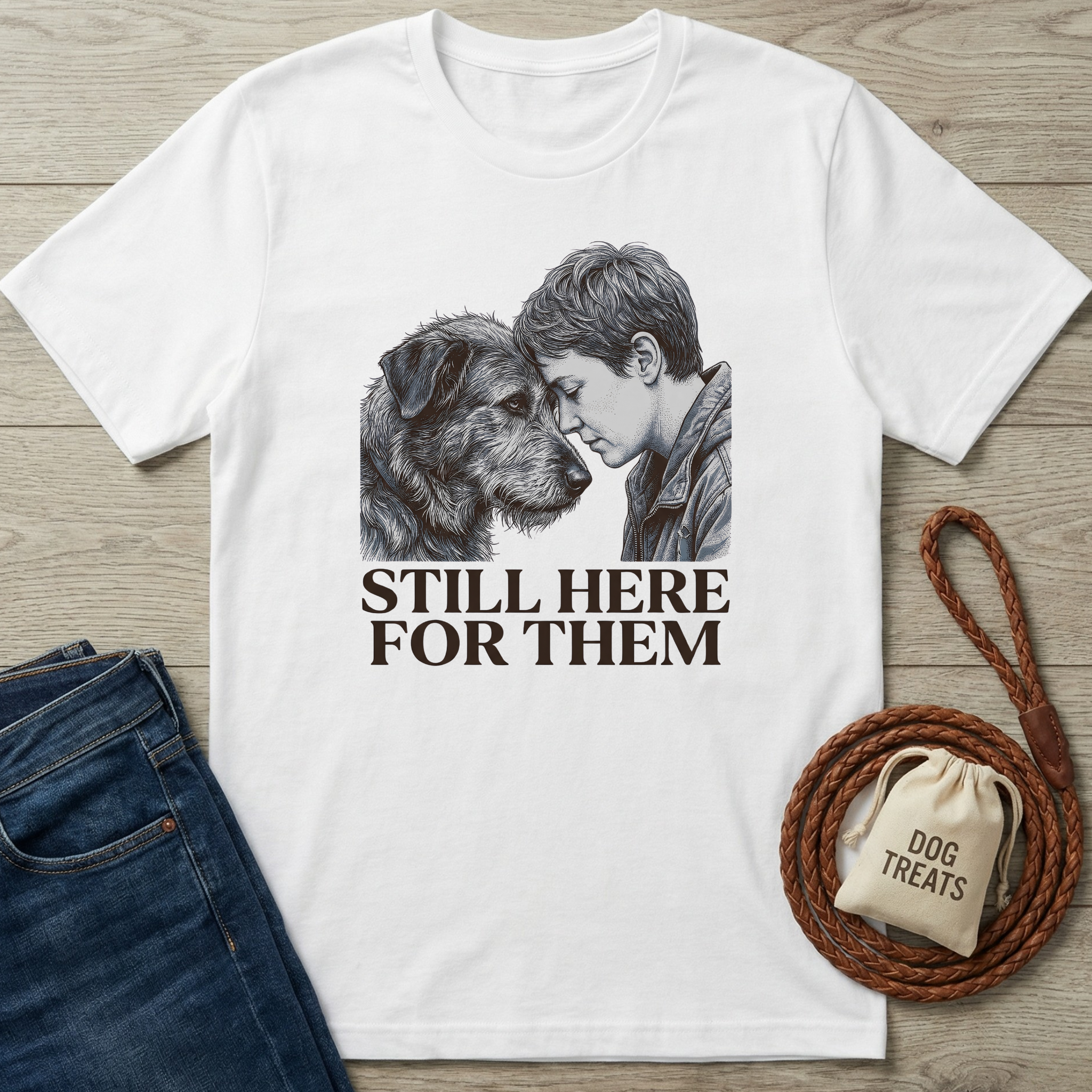 White cotton t-shirt with a black and white graphic of a person and dog, "STILL HERE FOR THEM" text.