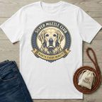 White cotton t-shirt with a "Silver Muzzle Club" golden retriever graphic.