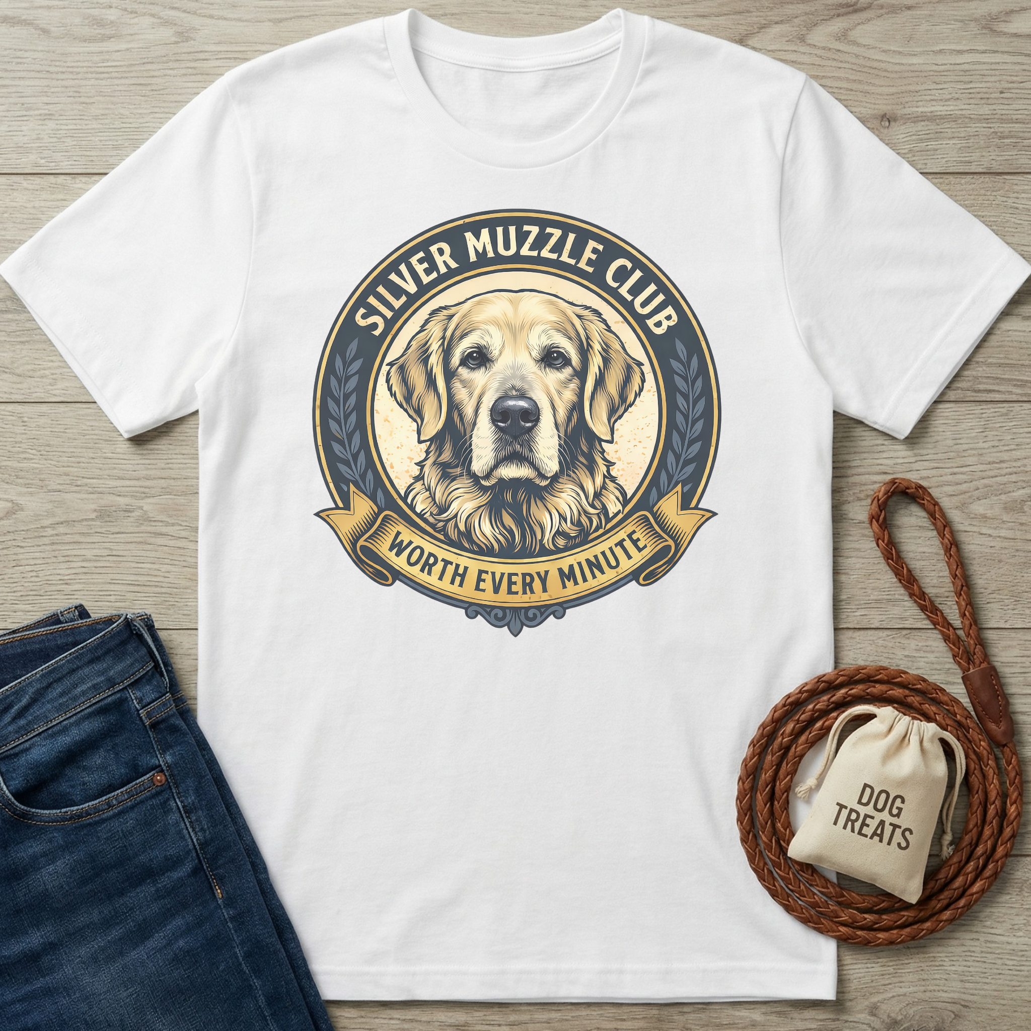 White cotton t-shirt with a "Silver Muzzle Club" golden retriever graphic.