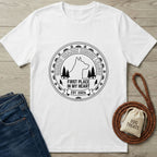 White Gildan Softstyle® 64000 t-shirt with "Second Chance Rescue League" dog and forest design.