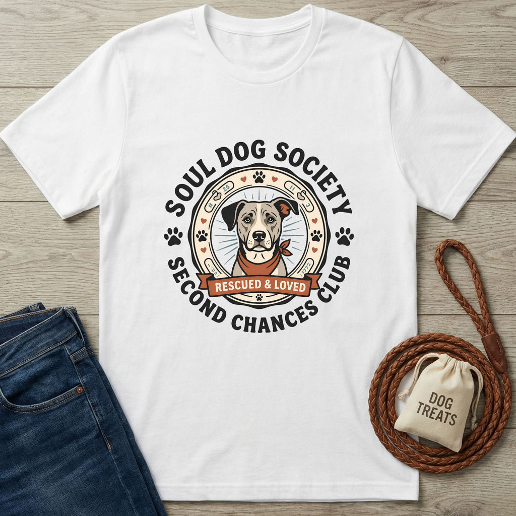 White Gildan Softstyle® t-shirt with a "Soul Dog Society Second Chances Club" logo featuring a gray rescue dog.