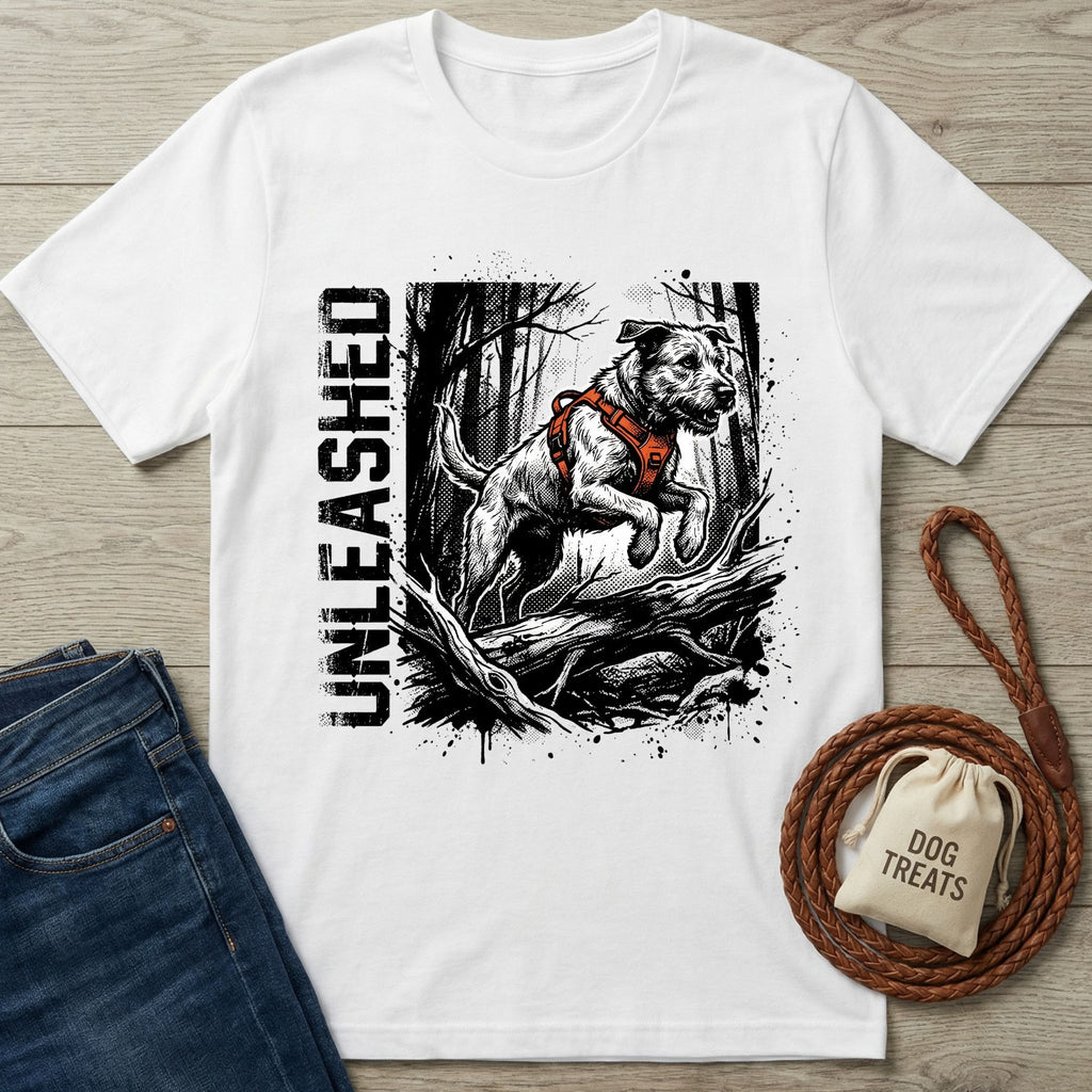 White Unleashed T-shirt with a graphic of a dog in an orange harness jumping over logs in a forest.