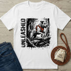 White Unleashed T-shirt with a graphic of a dog in an orange harness jumping over logs in a forest.