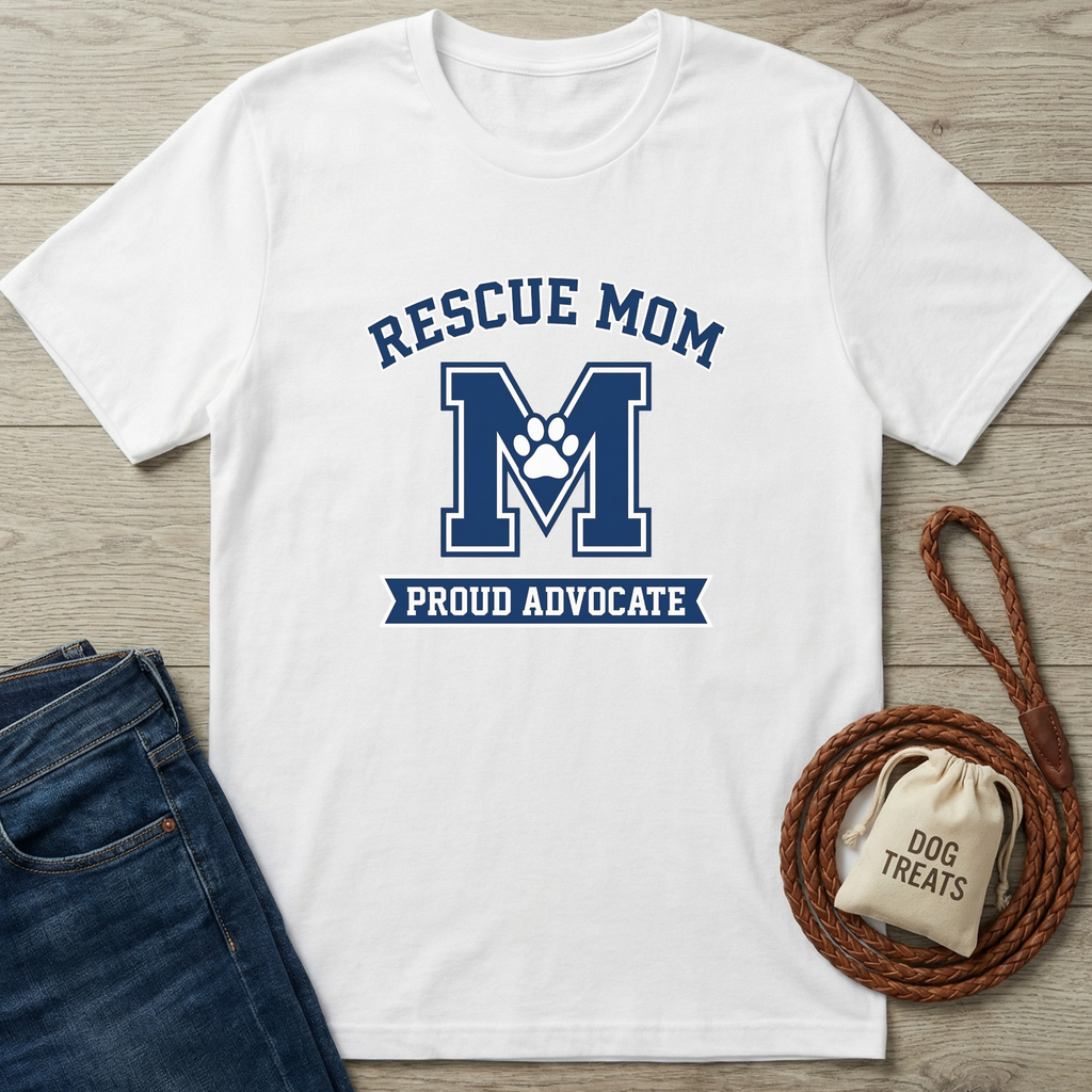 White cotton t-shirt with "RESCUE MOM M PROUD ADVOCATE" in blue, featuring a paw print.