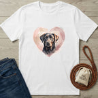 White Gildan Softstyle® t-shirt with a watercolor black lab in a pink heart design.