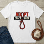 White Gildan Softstyle® t-shirt with "ADOPT DON'T SHOP" text and a red rope design.