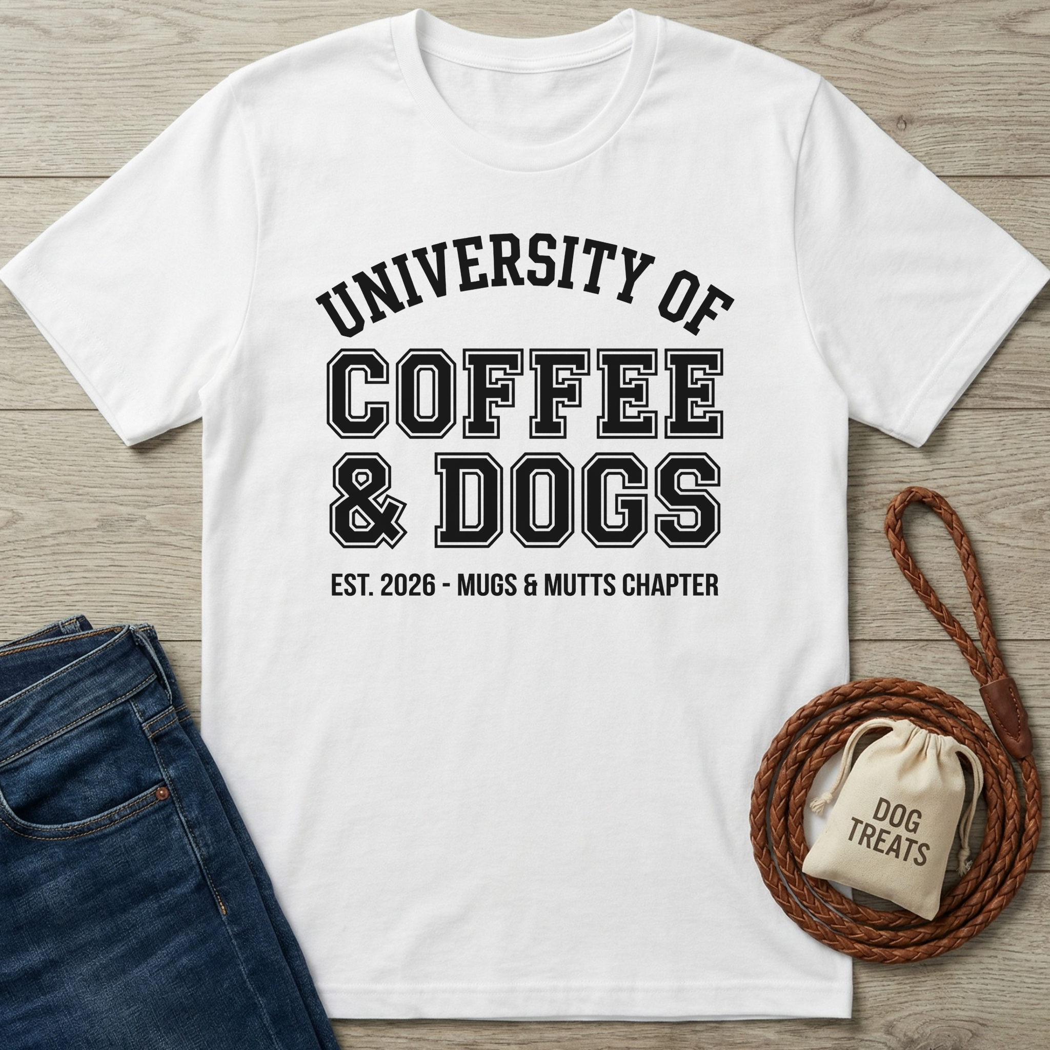 White t-shirt with 'University of Coffee & Dogs' text on a wooden surface with accessories.