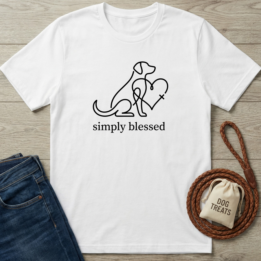 White cotton "Simply Blessed" t-shirt with a black line art dog and heart design.