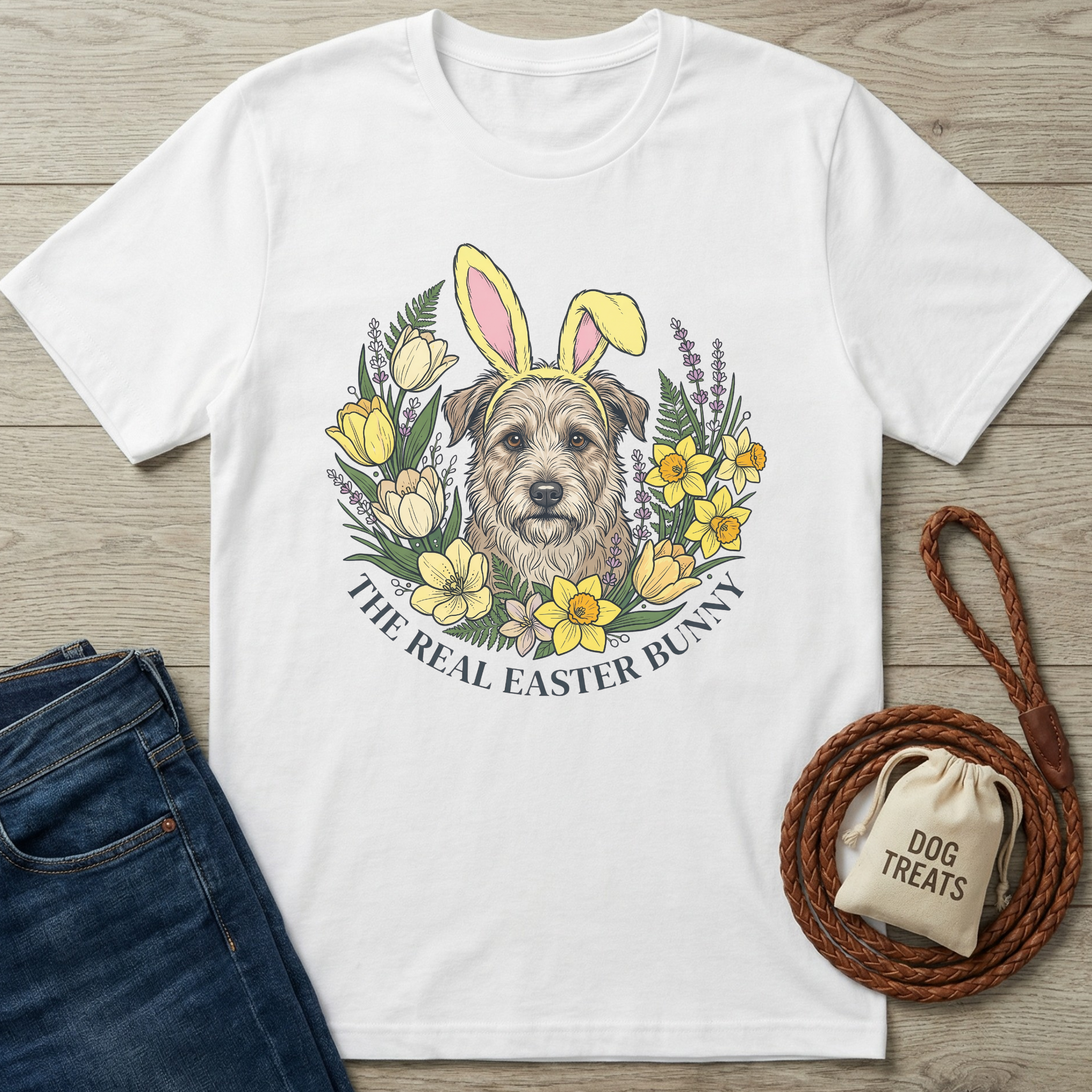 White cotton t-shirt with a dog wearing bunny ears surrounded by yellow flowers and "The Real Easter Bunny" text.
