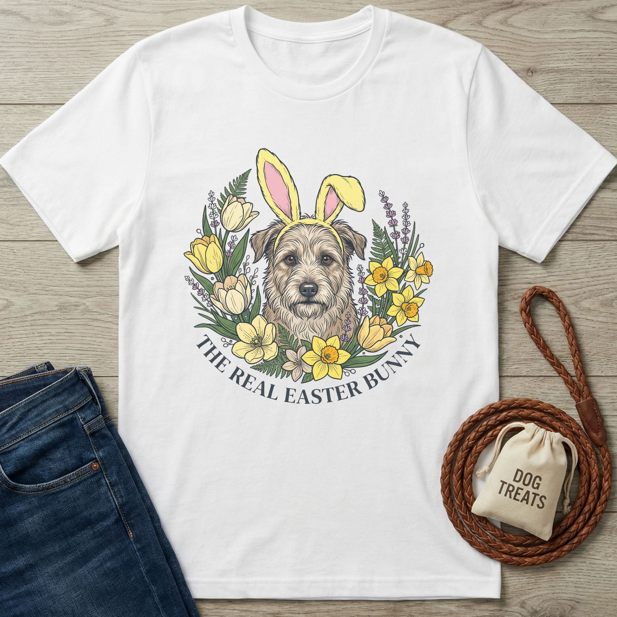 White Gildan Softstyle® t-shirt with a dog wearing bunny ears, surrounded by yellow flowers and "The Real Easter Bunny" text.