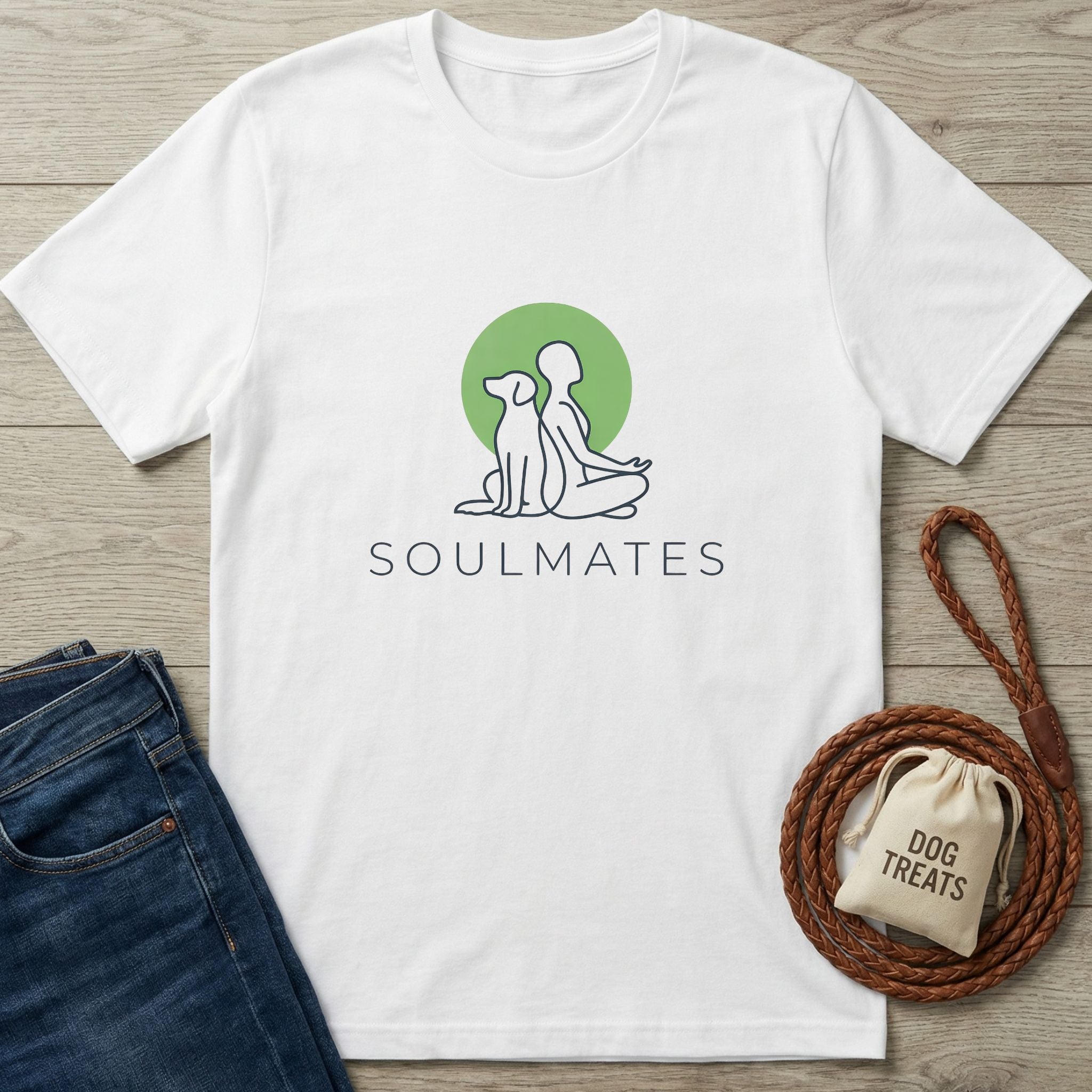 White Gildan Softstyle® tee with "Soulmates" text and a dog and person silhouette design.