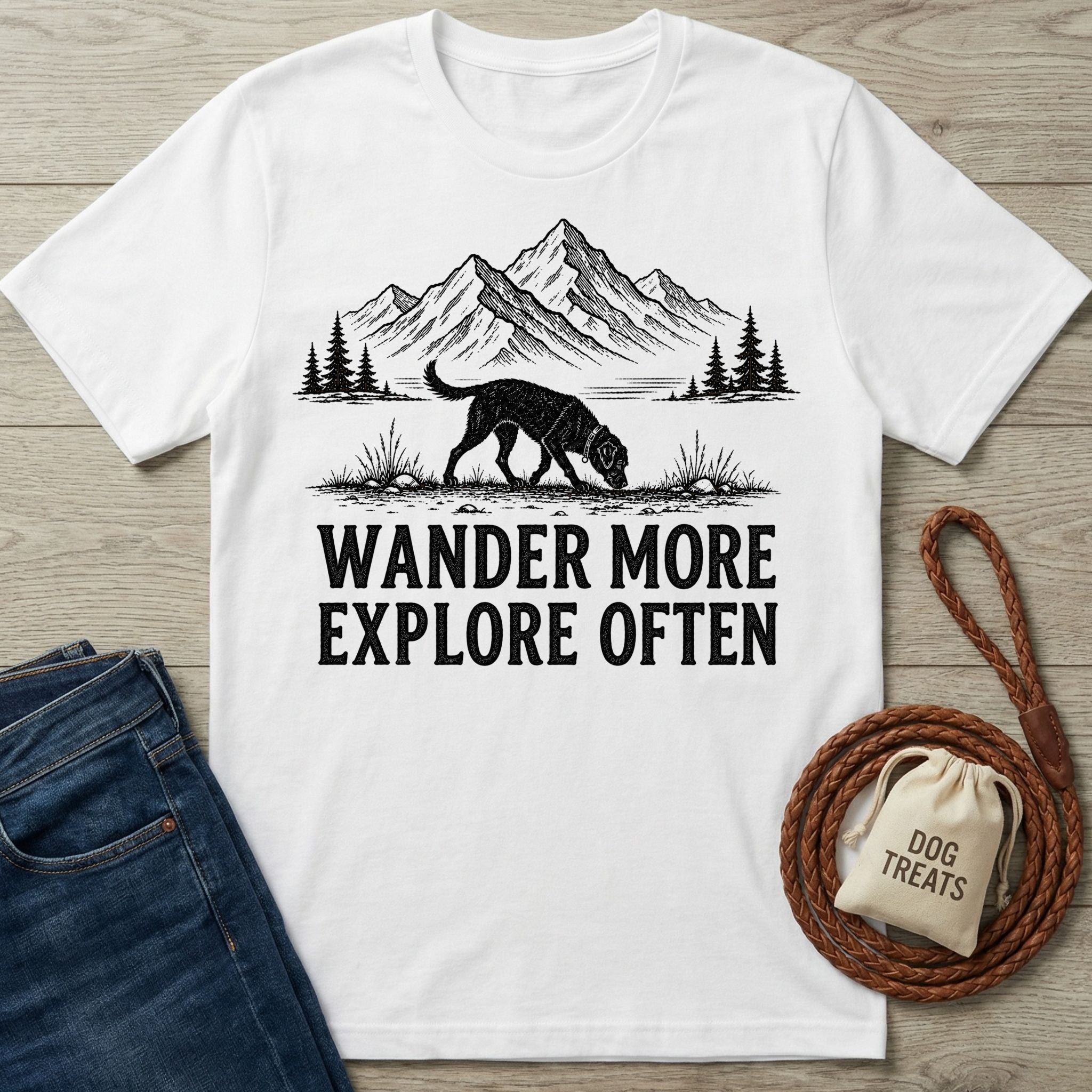 White crewneck t-shirt featuring a black graphic of a dog hiking in the mountains with the text Wander More Explore Often.