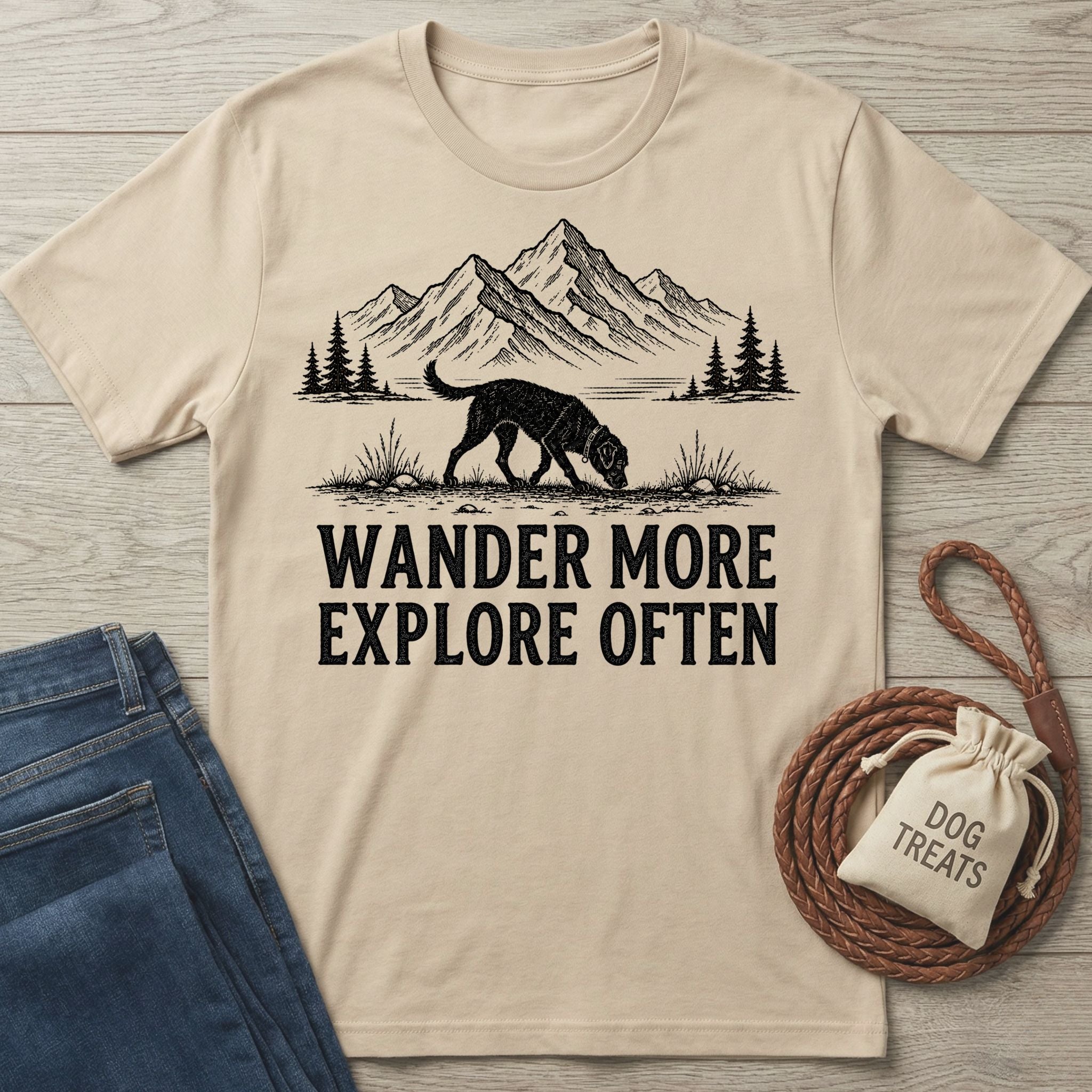 Beige cotton t-shirt featuring a black graphic of a dog exploring mountains with the text Wander More Explore Often.