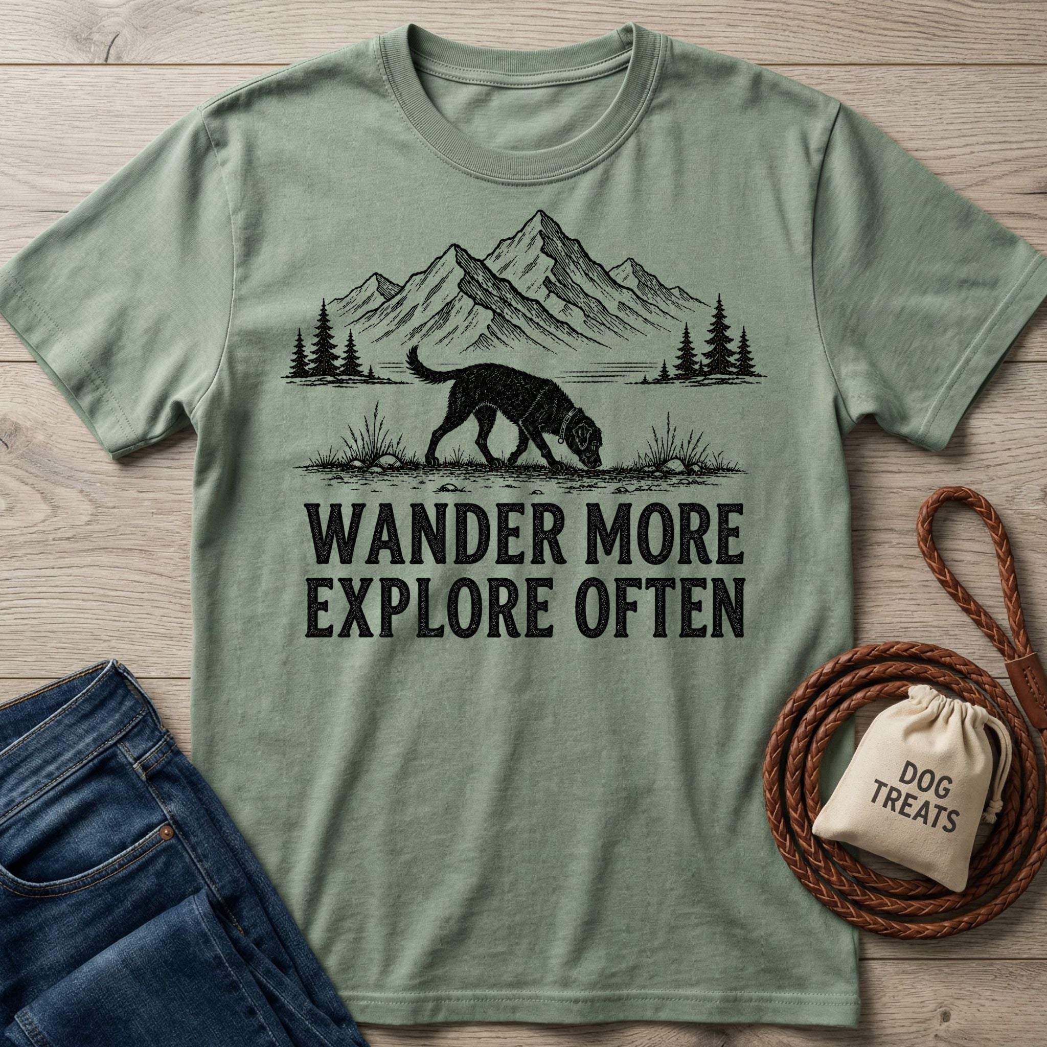 Sage green crewneck t-shirt featuring a black graphic of a dog hiking in the mountains with the text Wander More Explore Often.