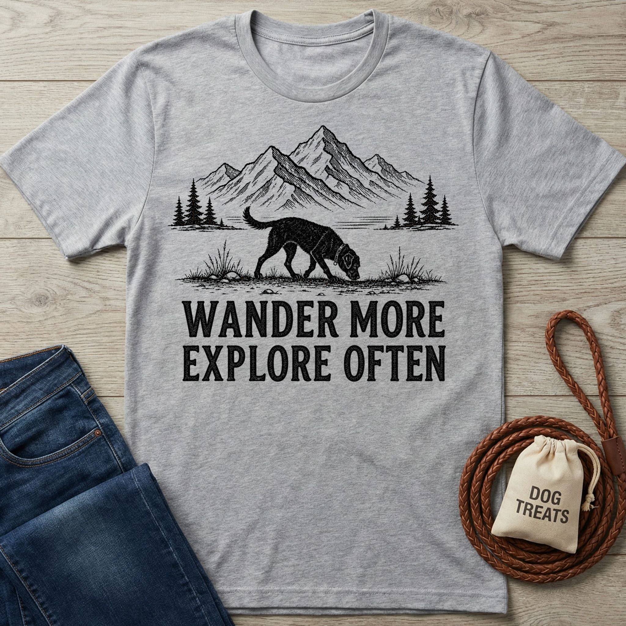 Grey t-shirt featuring a black graphic of a dog sniffing in a mountain landscape with the text Wander More Explore Often.