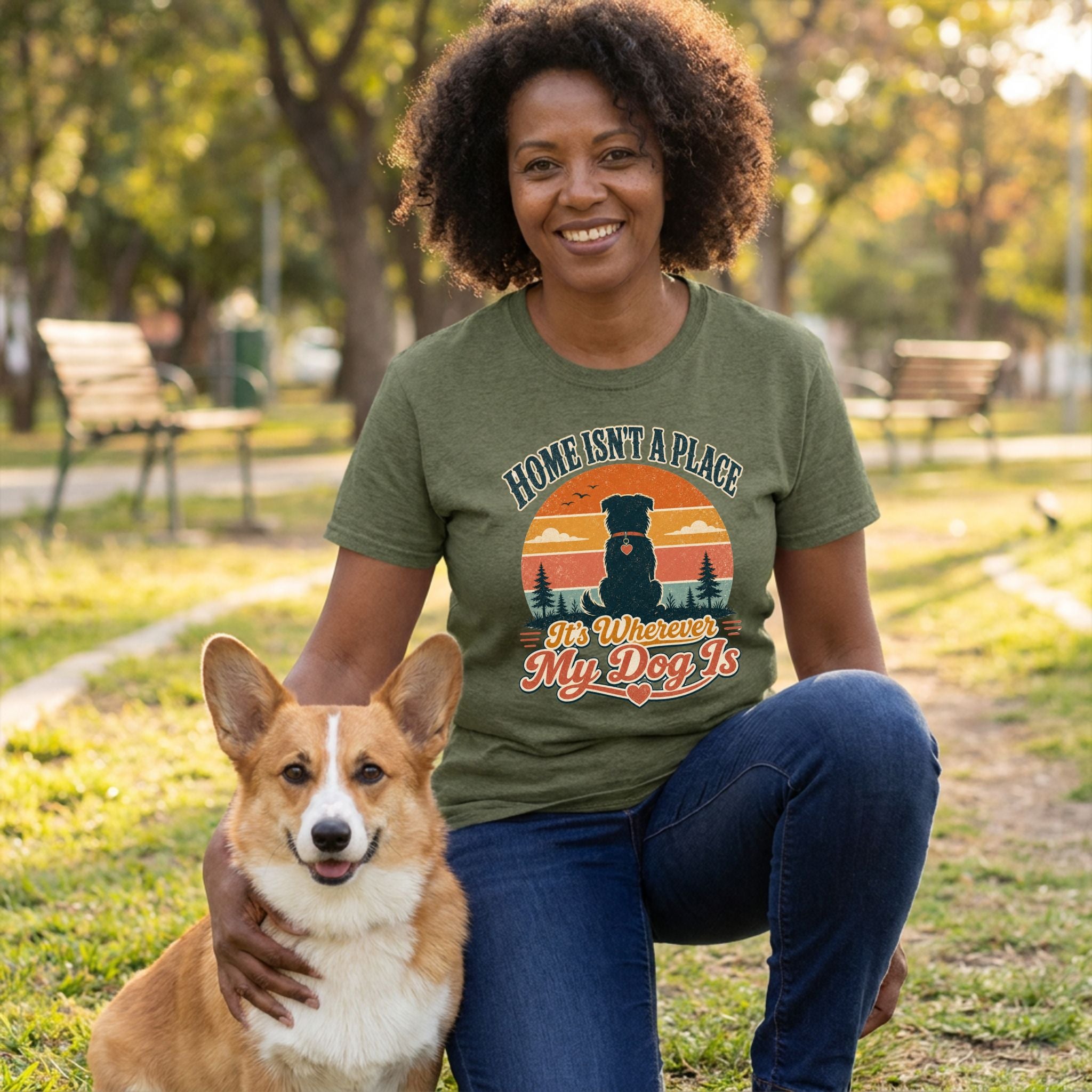Woman wearing an olive green t-shirt with a retro sunset dog graphic, kneeling in a park beside her corgi.