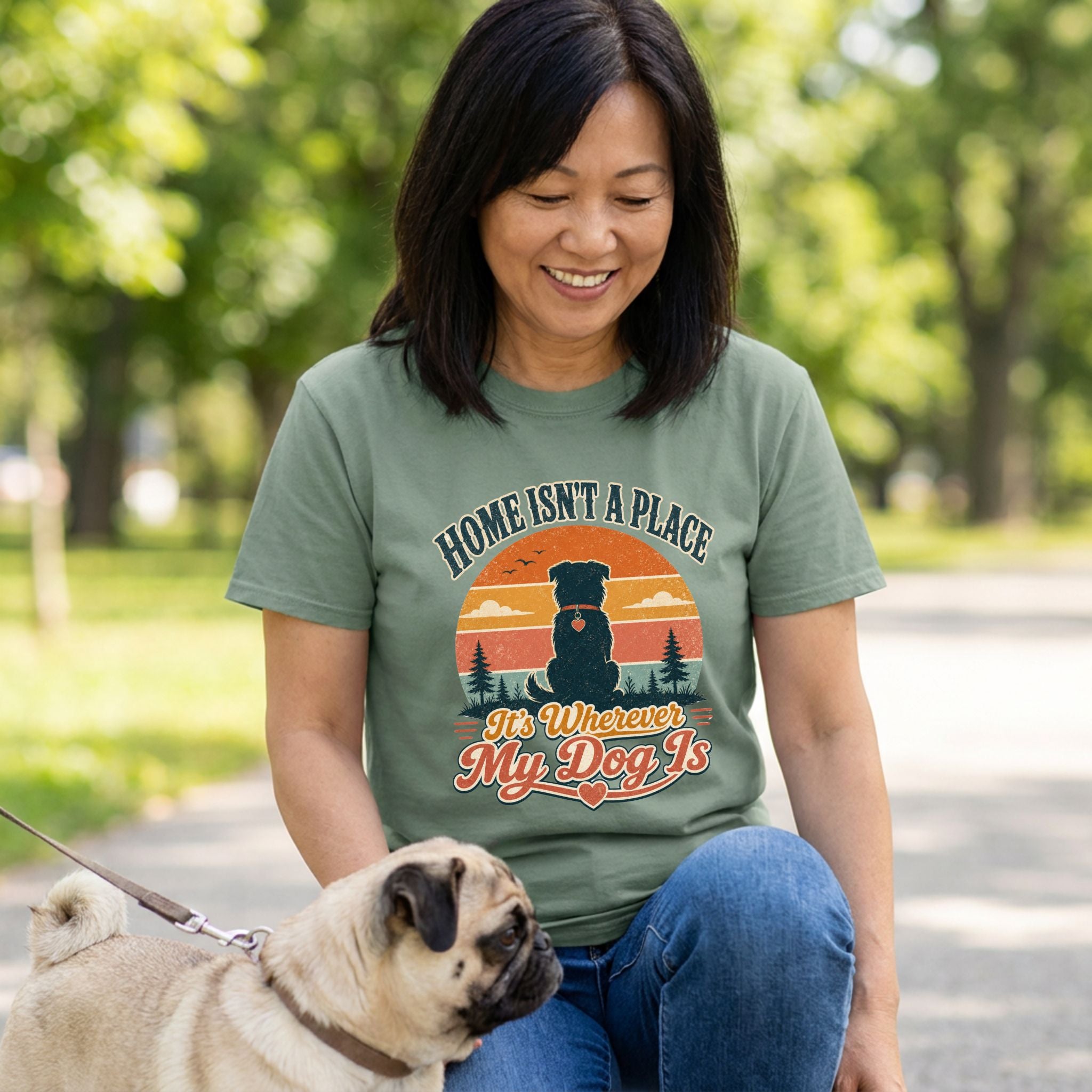 Woman wearing an olive green t-shirt with a retro sunset dog graphic, kneeling outdoors with a pug on a leash.