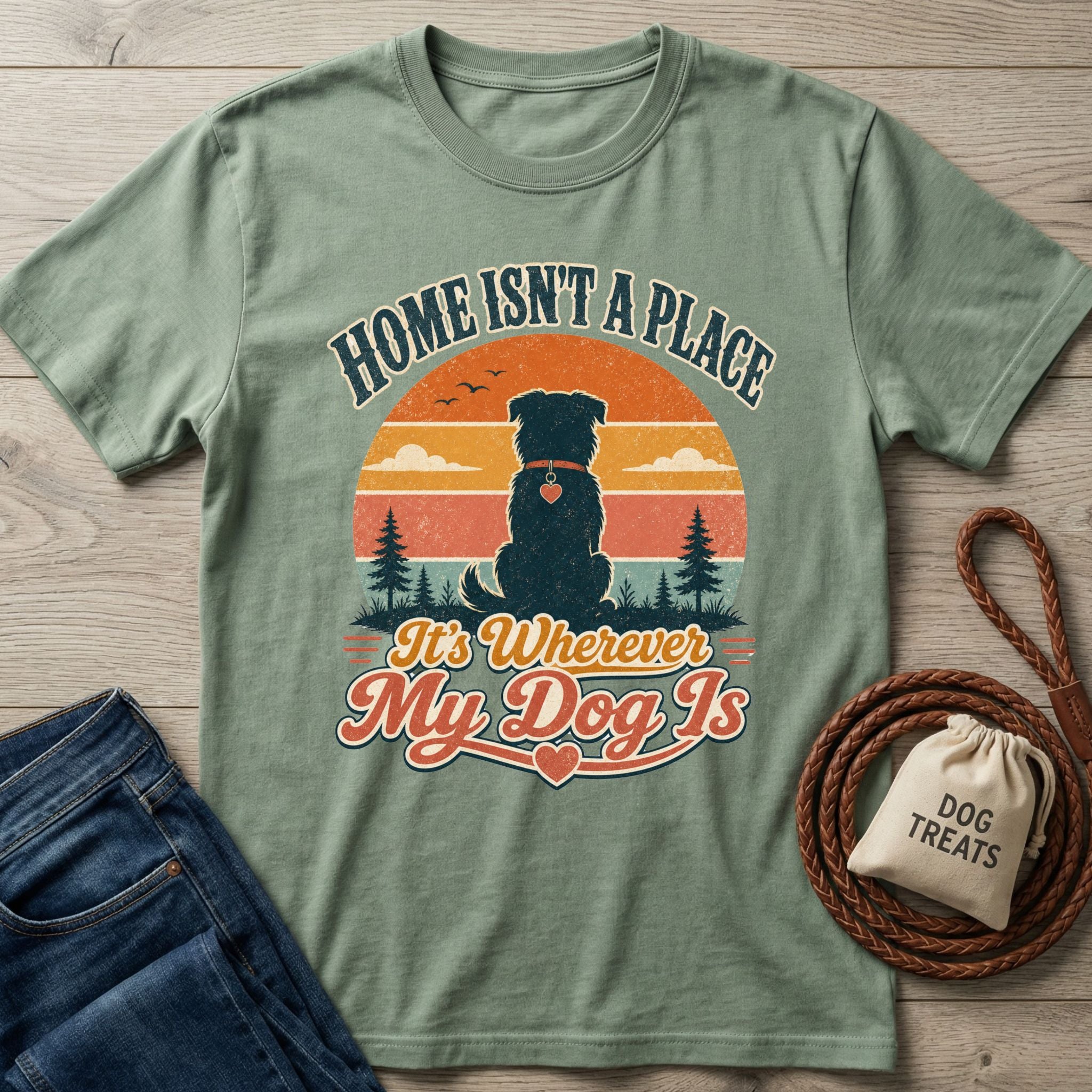 Sage green Gildan t-shirt featuring a retro sunset, pine trees, and a dog silhouette with the text Wherever My Dog Is.