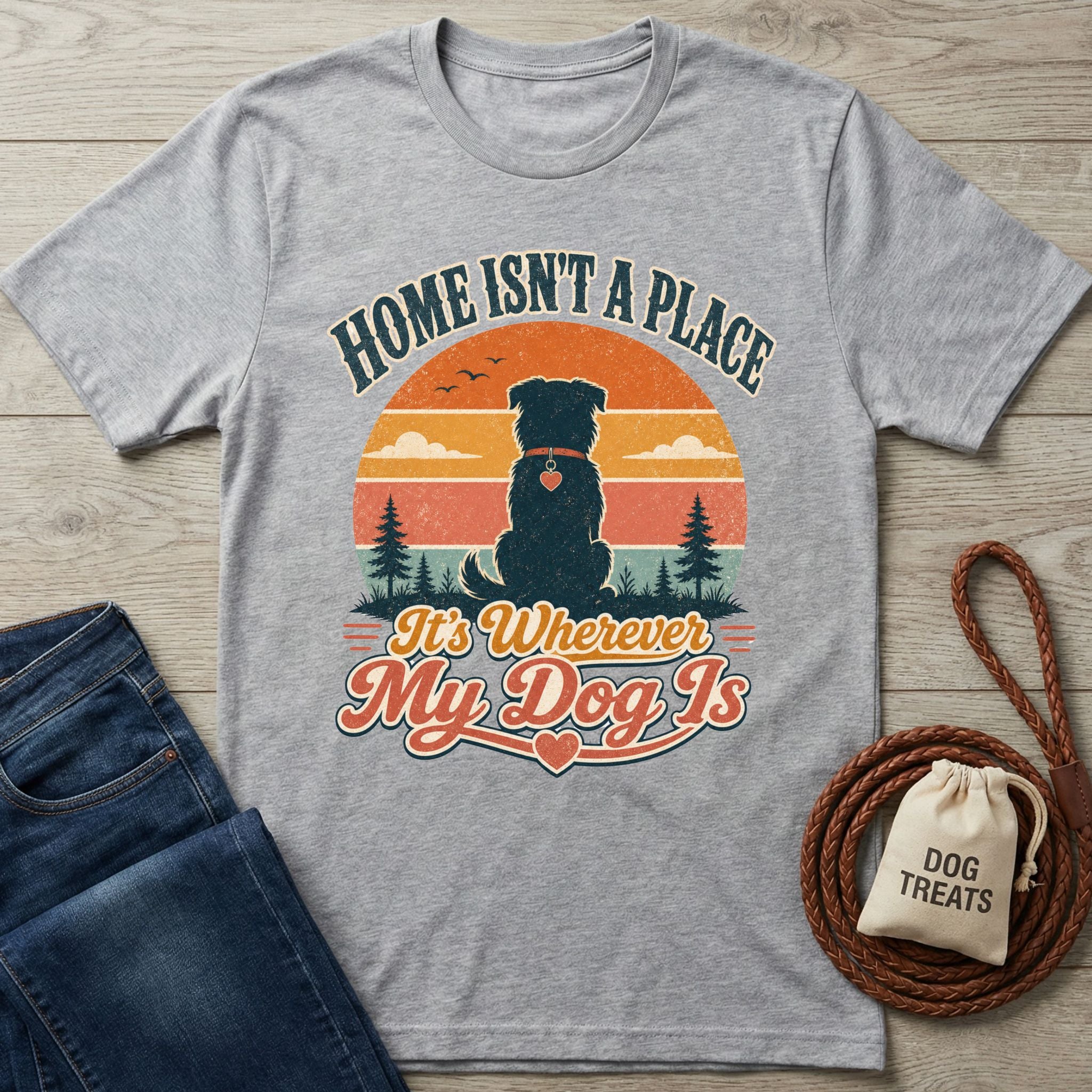 Grey Gildan t-shirt featuring a retro sunset graphic of a dog silhouette with the text Home Isn't A Place It's Wherever My Dog Is.