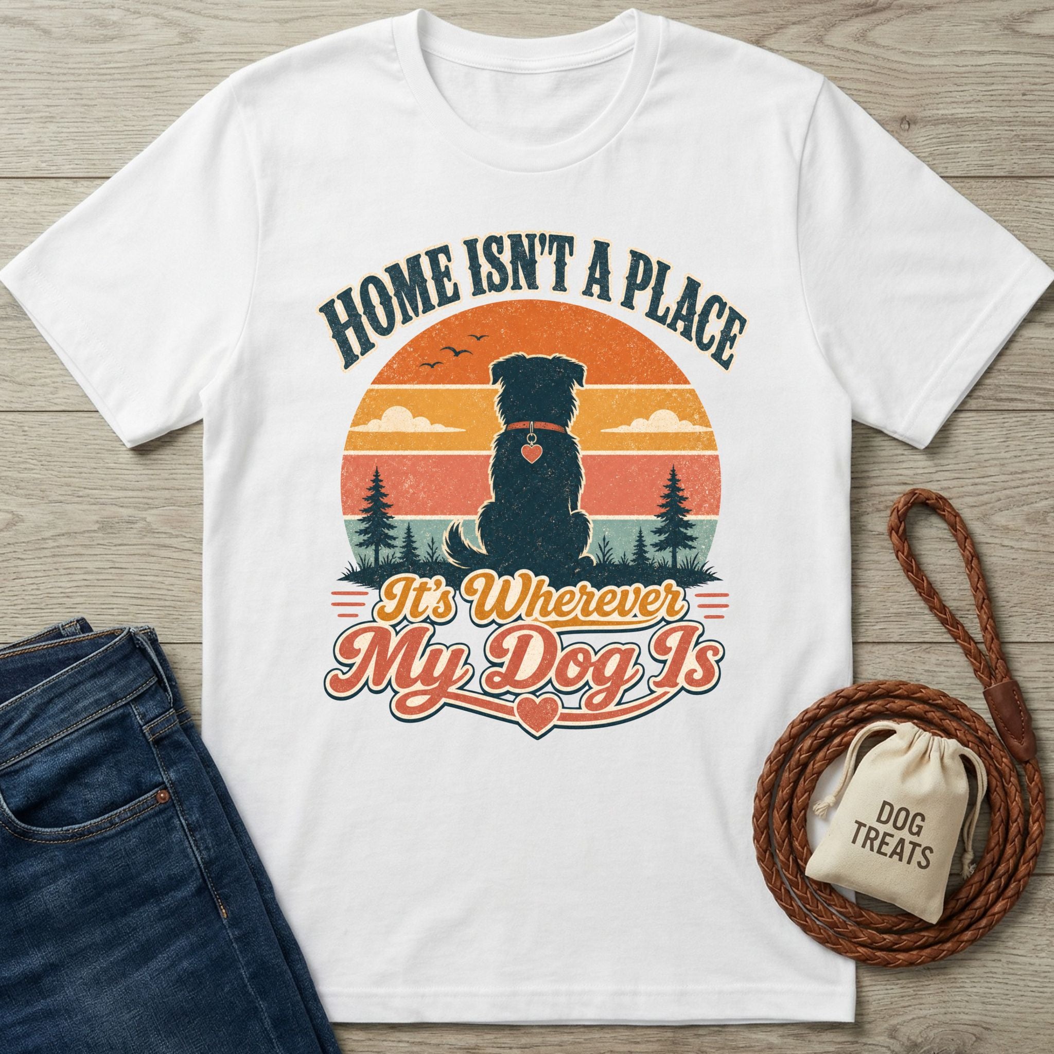 White Gildan t-shirt featuring a retro sunset graphic of a dog, pine trees, and the text Wherever My Dog Is.