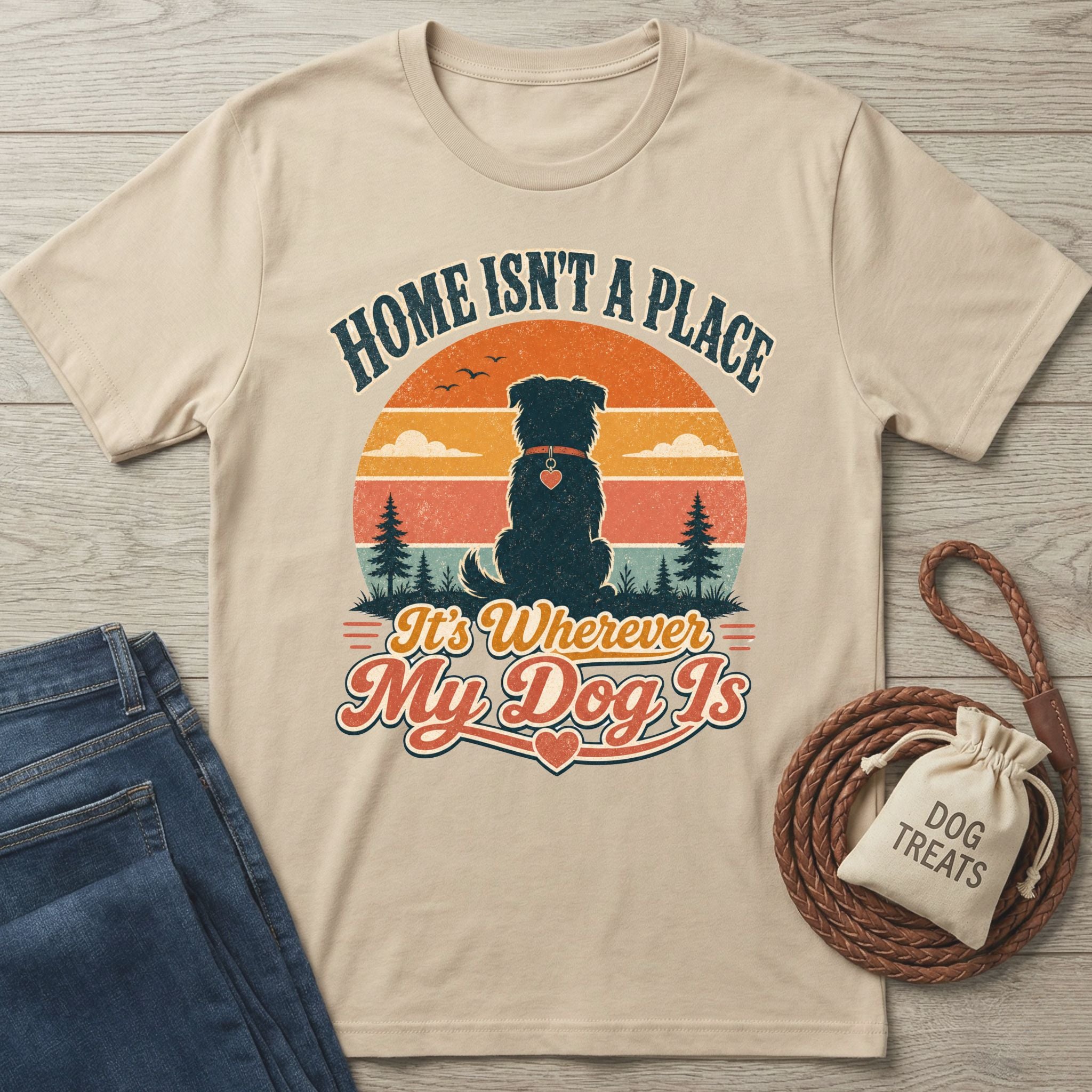 Beige Gildan t-shirt featuring a retro sunset graphic of a dog silhouette and the text Wherever My Dog Is.