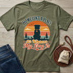 Olive green Gildan t-shirt featuring a retro sunset graphic of a dog with the text Wherever My Dog Is.