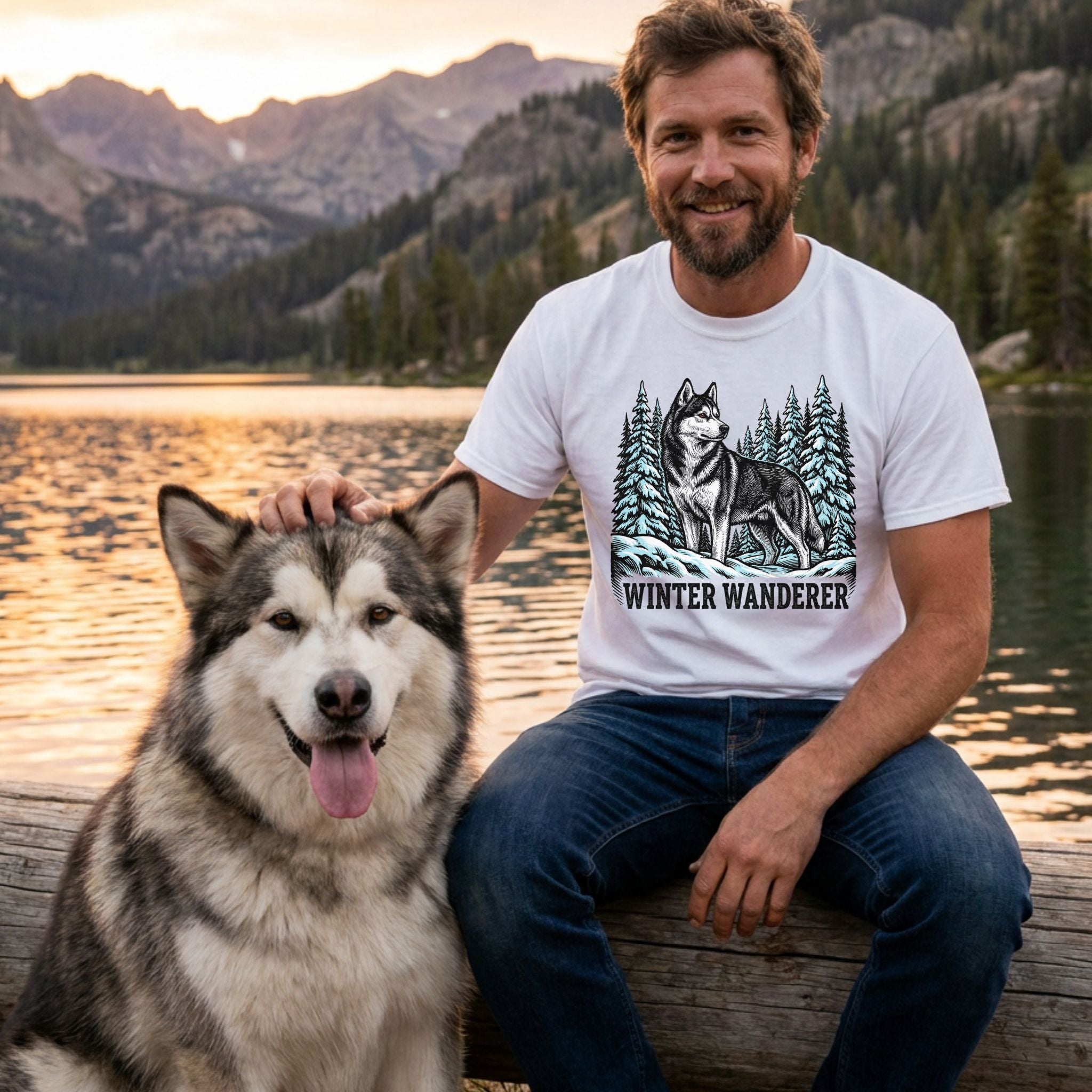 Man wearing a white cotton t-shirt featuring a Husky and pine tree graphic with the text Winter Wanderer.