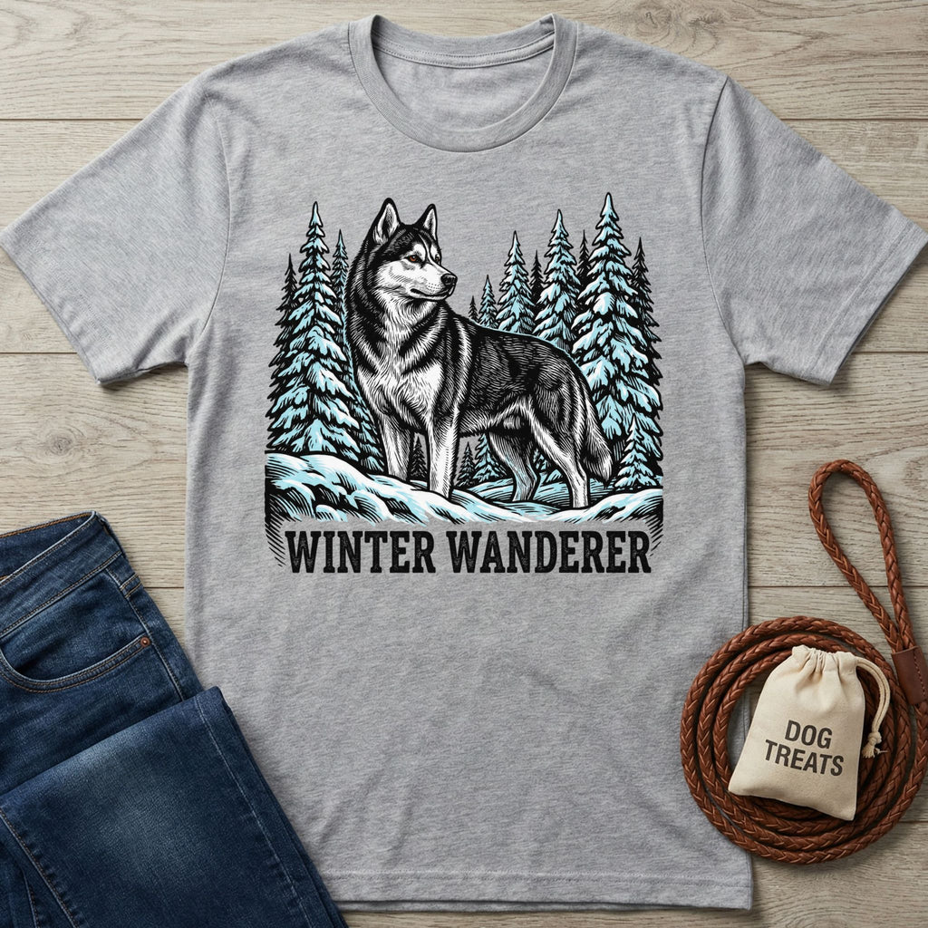 Grey crewneck t-shirt featuring a husky in a snowy pine forest with the text Winter Wanderer printed on the front.