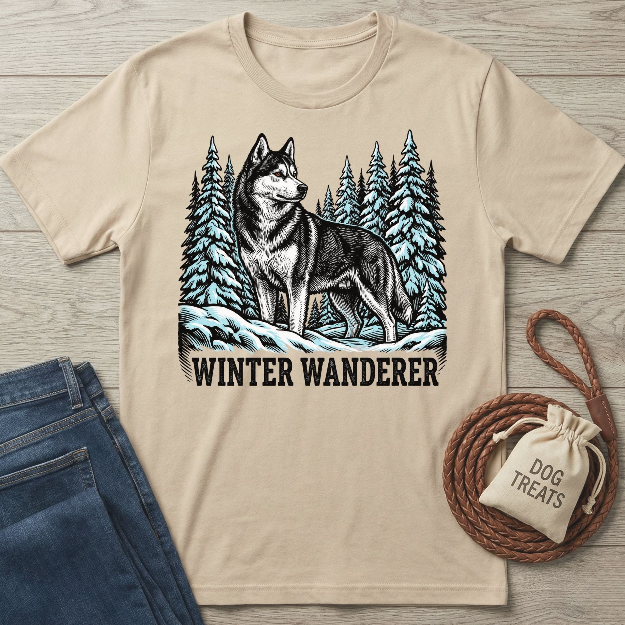 Beige crewneck t-shirt featuring a graphic of a husky in a snowy pine forest with the text Winter Wanderer.