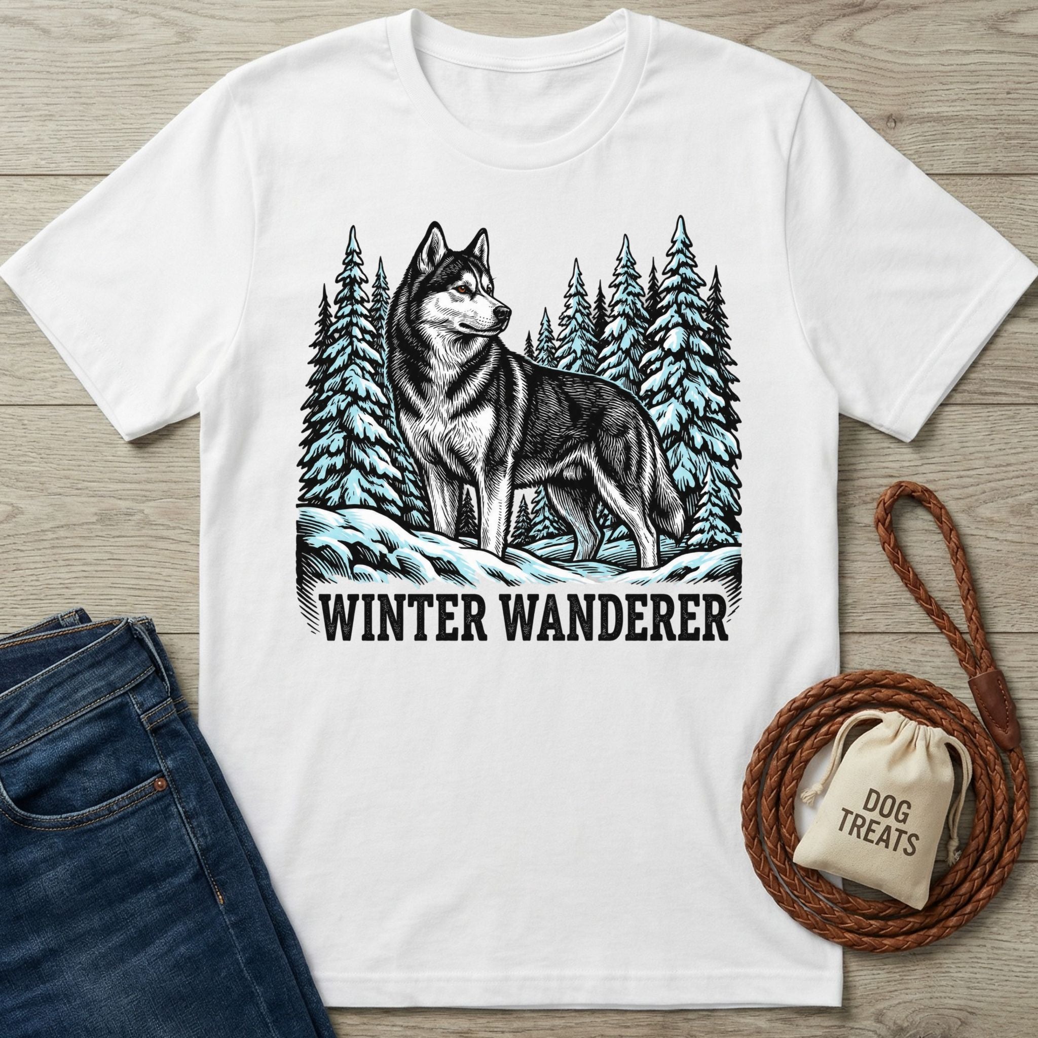 White crewneck t-shirt featuring a graphic of a husky in a snowy pine forest with the text Winter Wanderer.