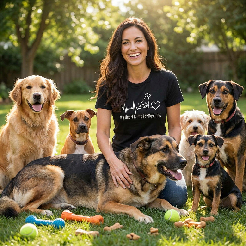 Woman with a black t-shirt surrounded by dogs in a park